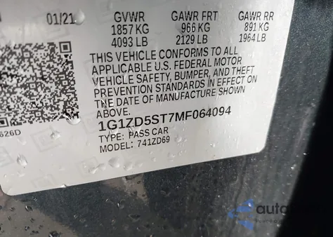 2021 Chevrolet Malibu Fwd Lt из США, поврежденный, VIN 1G1ZD5ST7MF064094